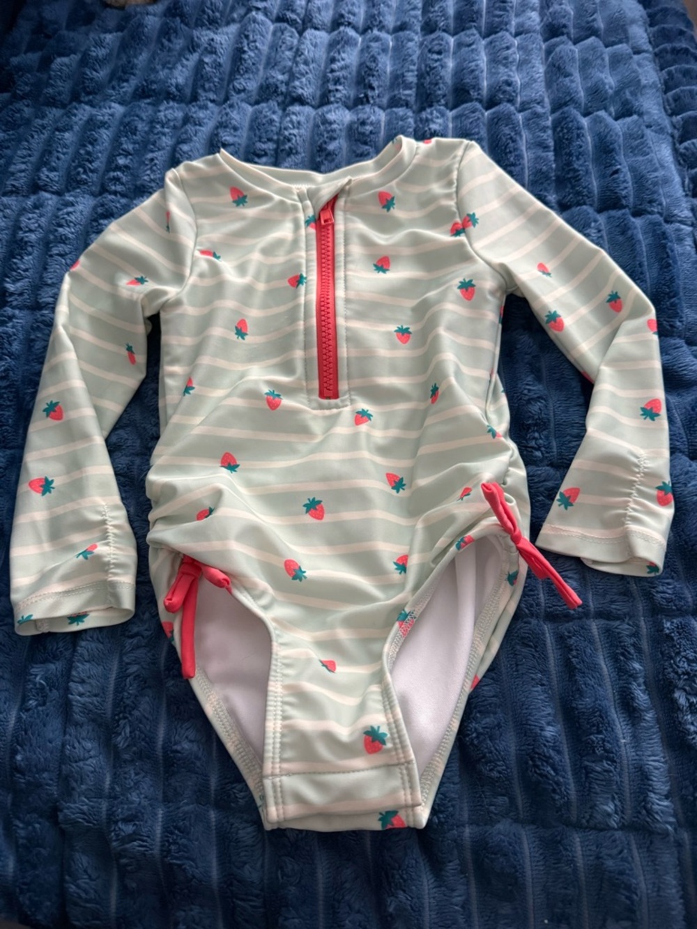 Cat & Jack Mint Green Long-Sleeve One-Piece Swimsuit with Coral Accents